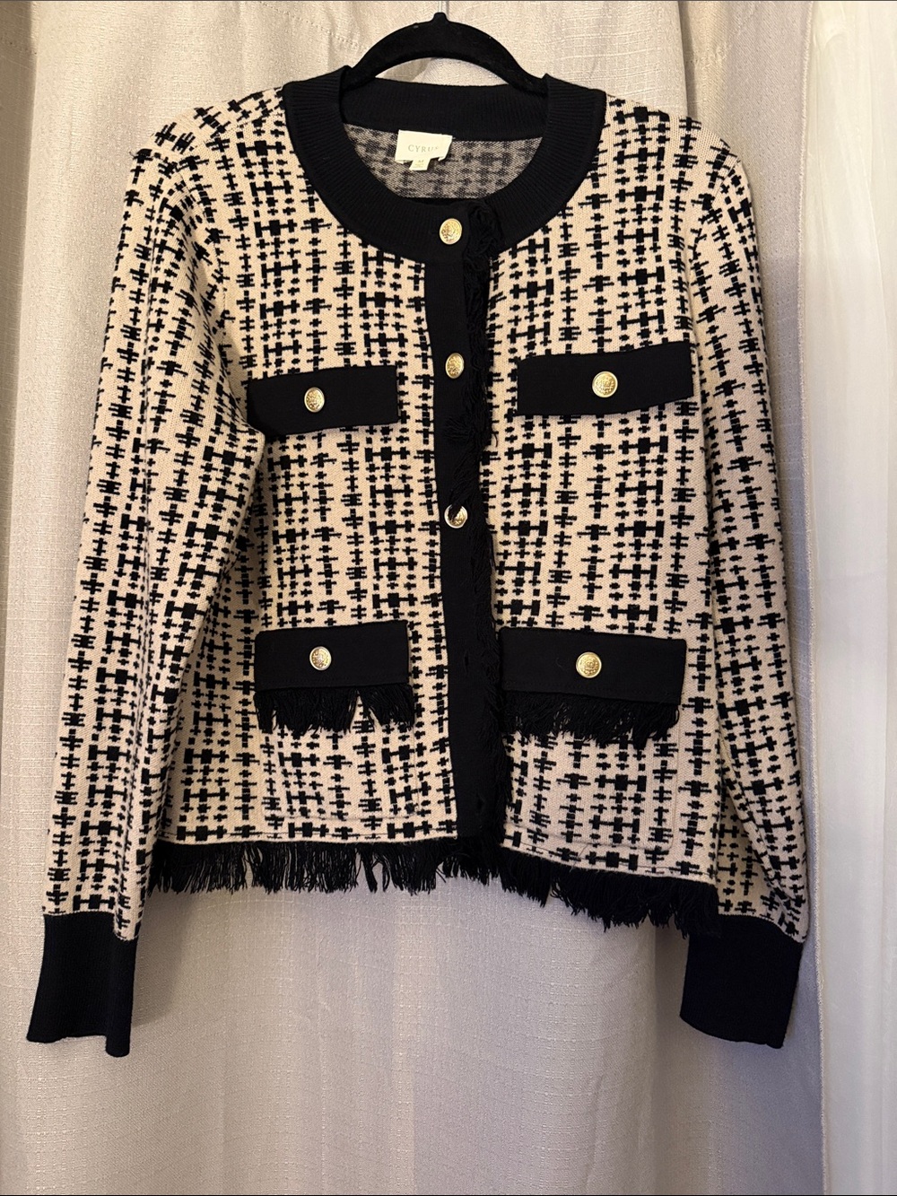 Cyrus Black and Cream Tweed Fringe Pocket Jacket